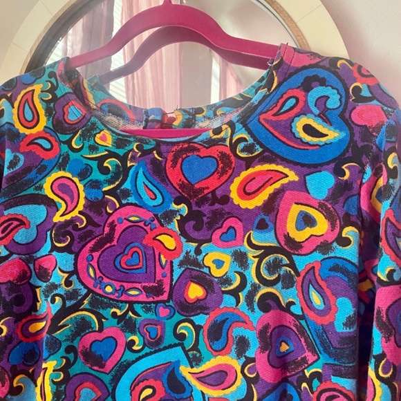 90s does 60s Rainbow Psychedelic Bell Sleeve Heart Print Mini Dress - Picture 2 of 6